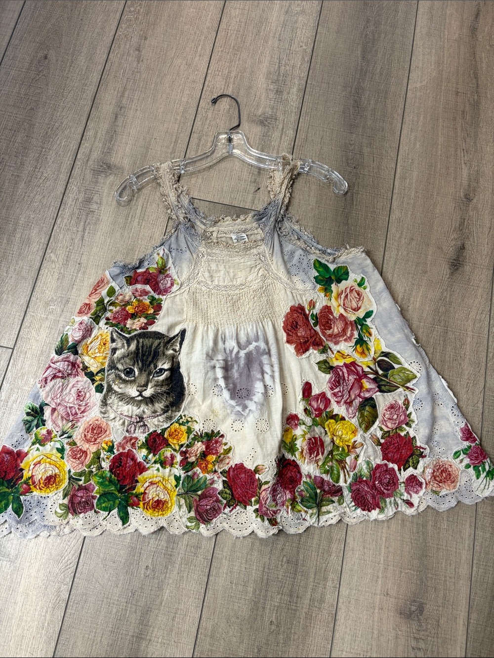 Magnolia Pearl cotton Cream Floral Tank Top with Kitten Graphic